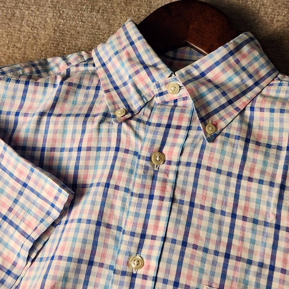Brooks Brothers Button Down Shirt Mens S Blue Pink Plaid Regent Short Sleeve